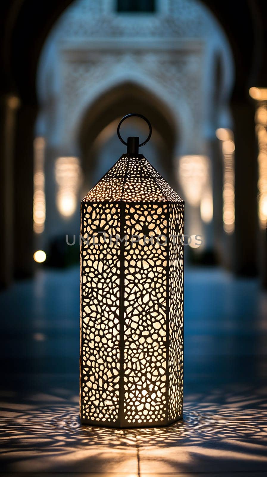 Ornate lantern casting intricate shadows in a serene architectural space.