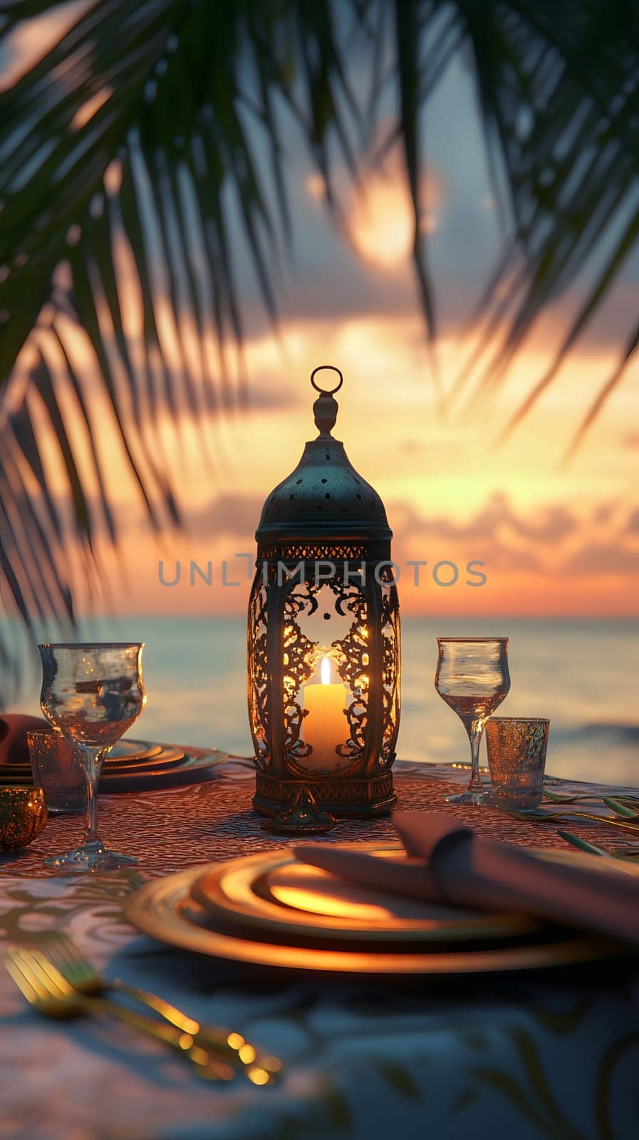 Romantic beach dinner setting with lantern and sunset backdrop.