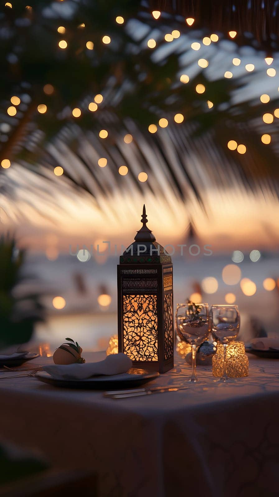 Romantic dinner setting with lanterns and twinkling lights at sunset.