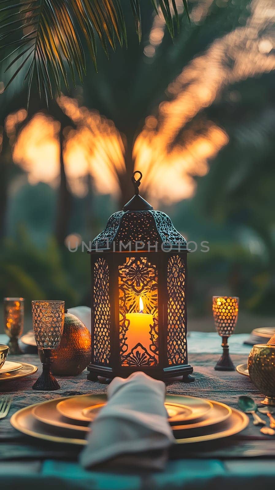 Romantic outdoor dining setup with lanterns and sunset backdrop.