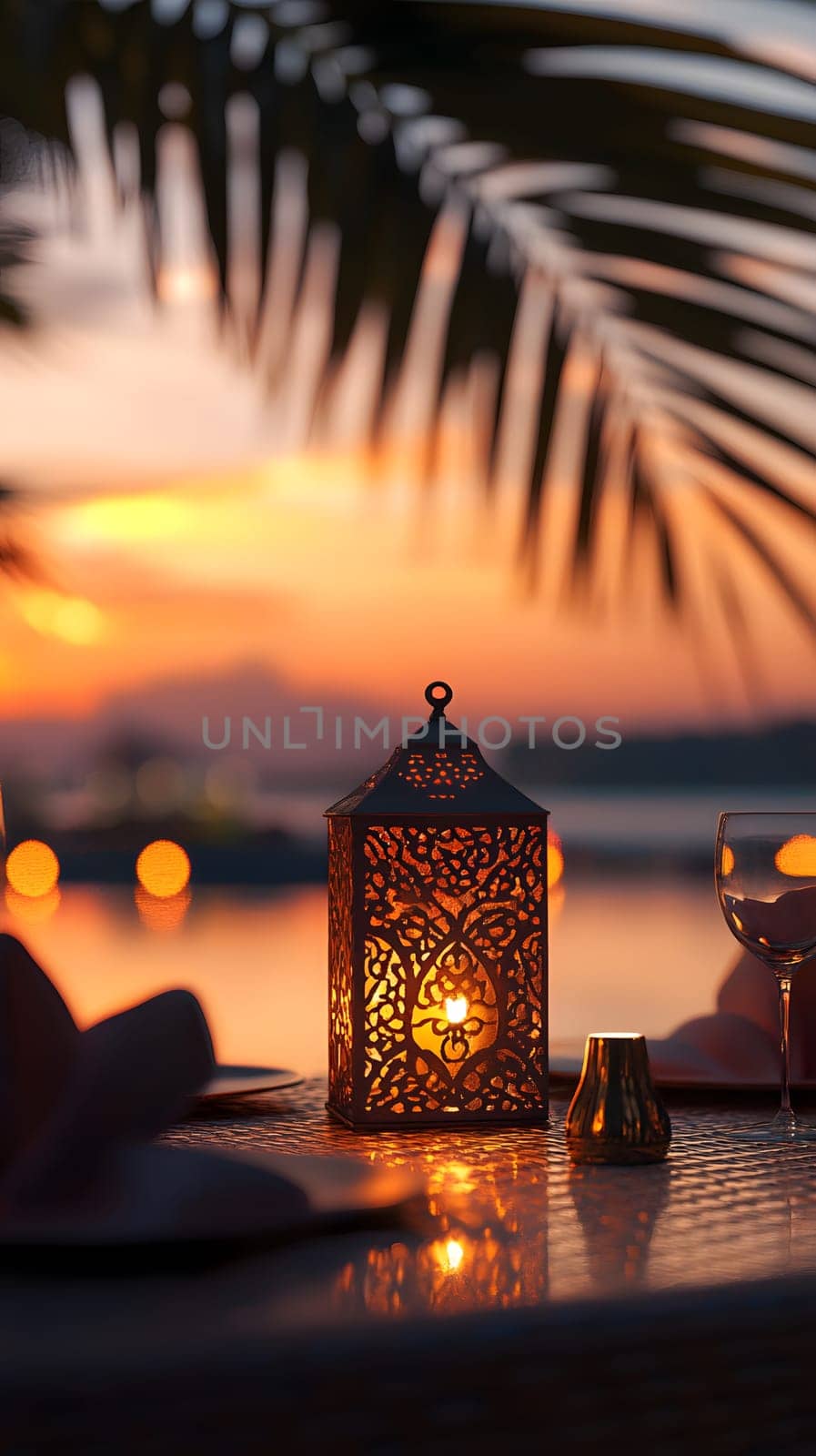 Romantic sunset dining setup with a decorative lantern.