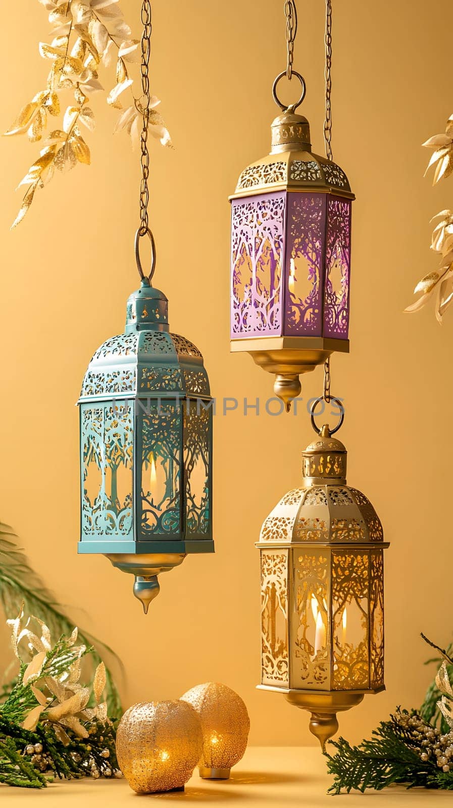 Three decorative lanterns hanging against a warm background.