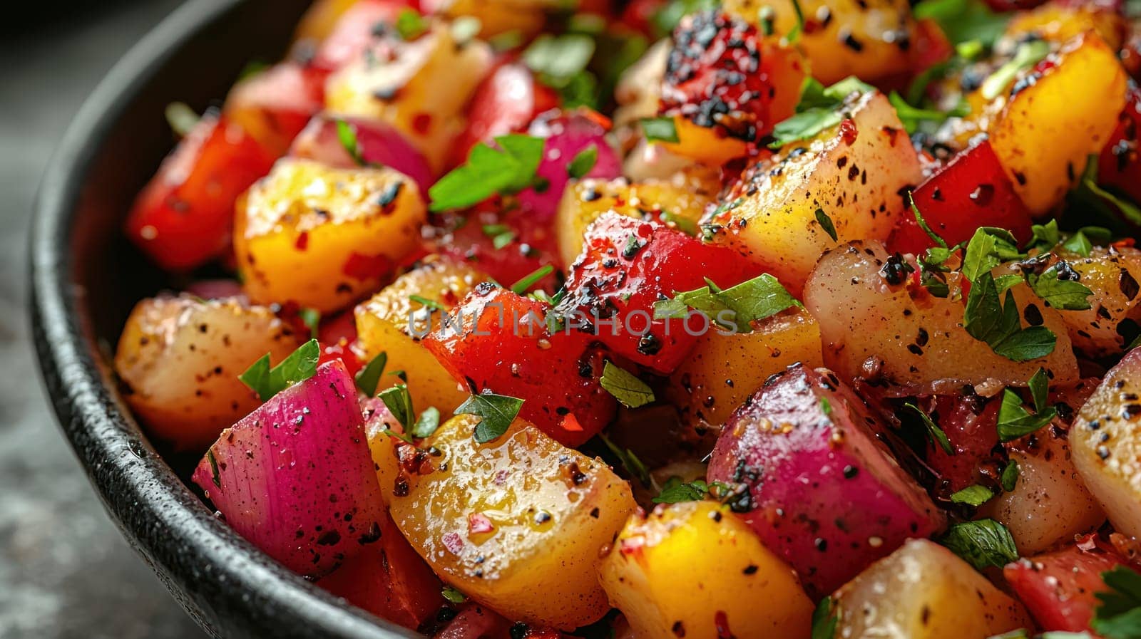 A Fresh and colorful vegetable salad with diced peppers, onions, and herbs, bursting with flavor and vibrant colors. Perfect for any meal