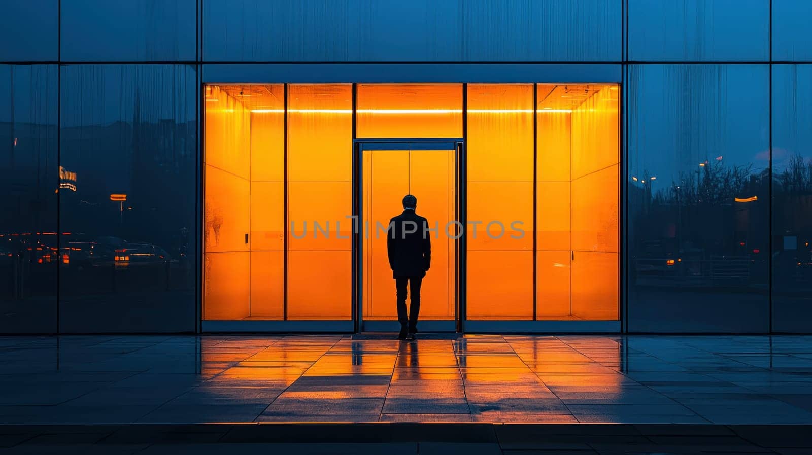 A silhouette of person standing in front of glowing orange office entrance at night, reflecting on wet pavement