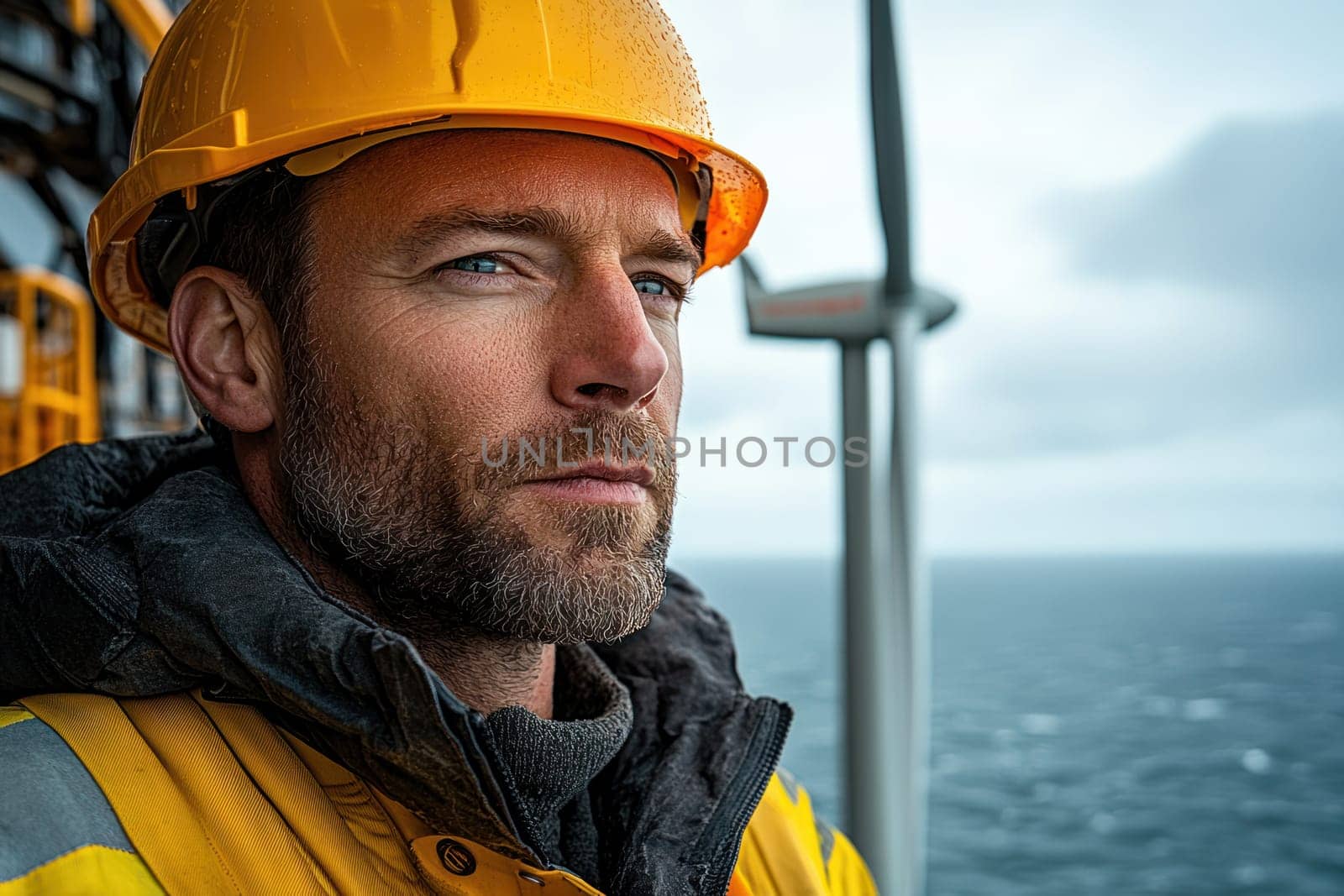 A focused offshore wind energy leader in hard hat, overlooking sea