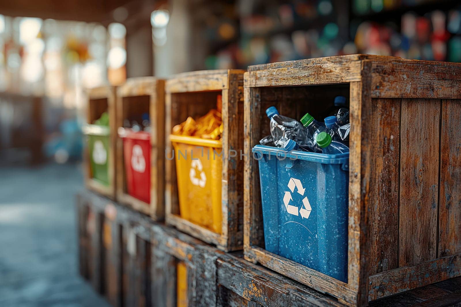 A Recycling bins in colorful wooden crates, promoting eco friendly practices