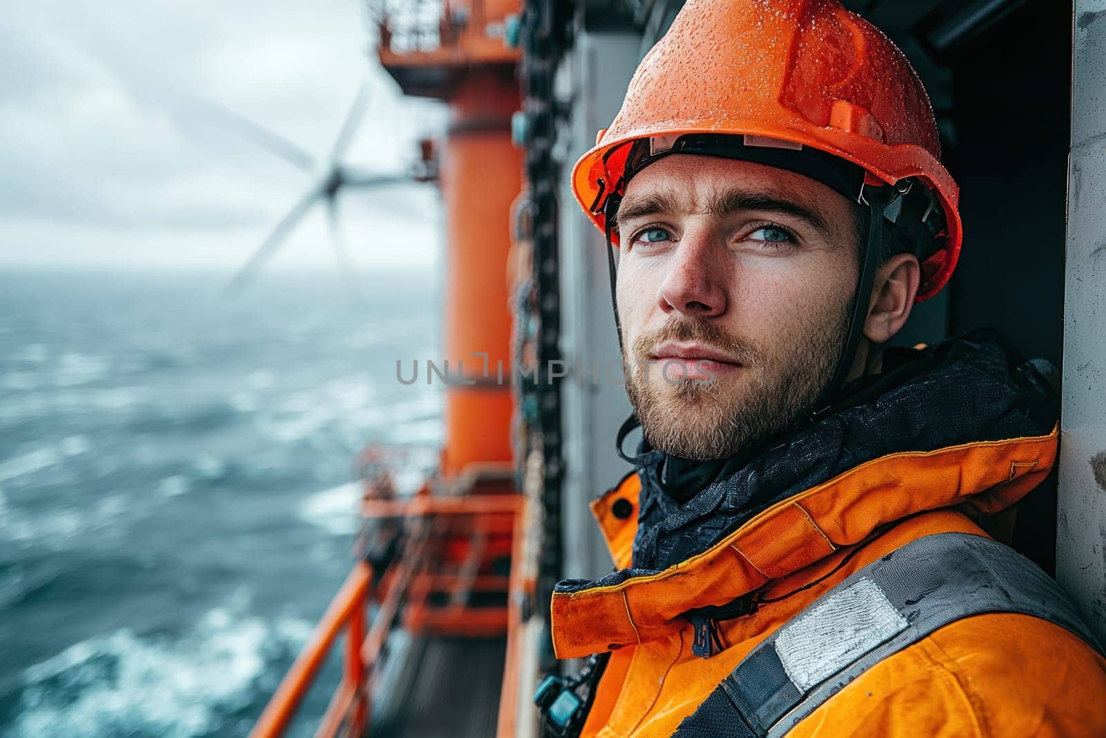 An Offshore wind energy worker in hard hat, focused on safety and environment