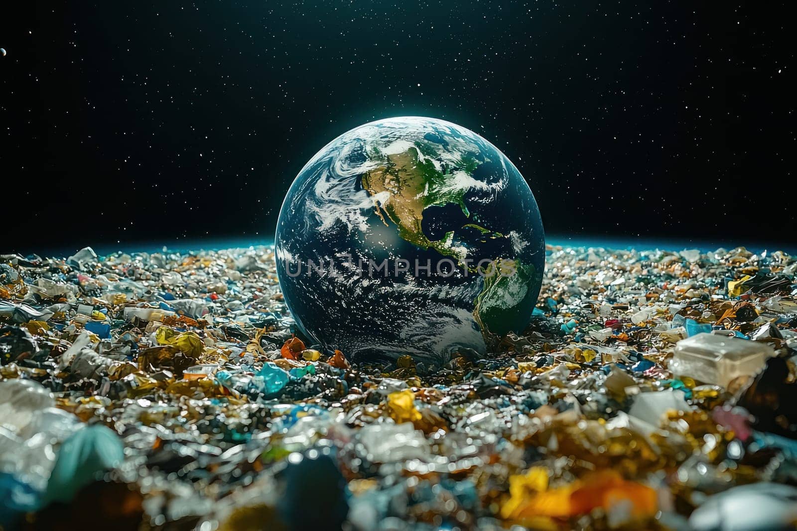 A striking view of Earth surrounded by sea of plastic waste, highlighting environmental concerns