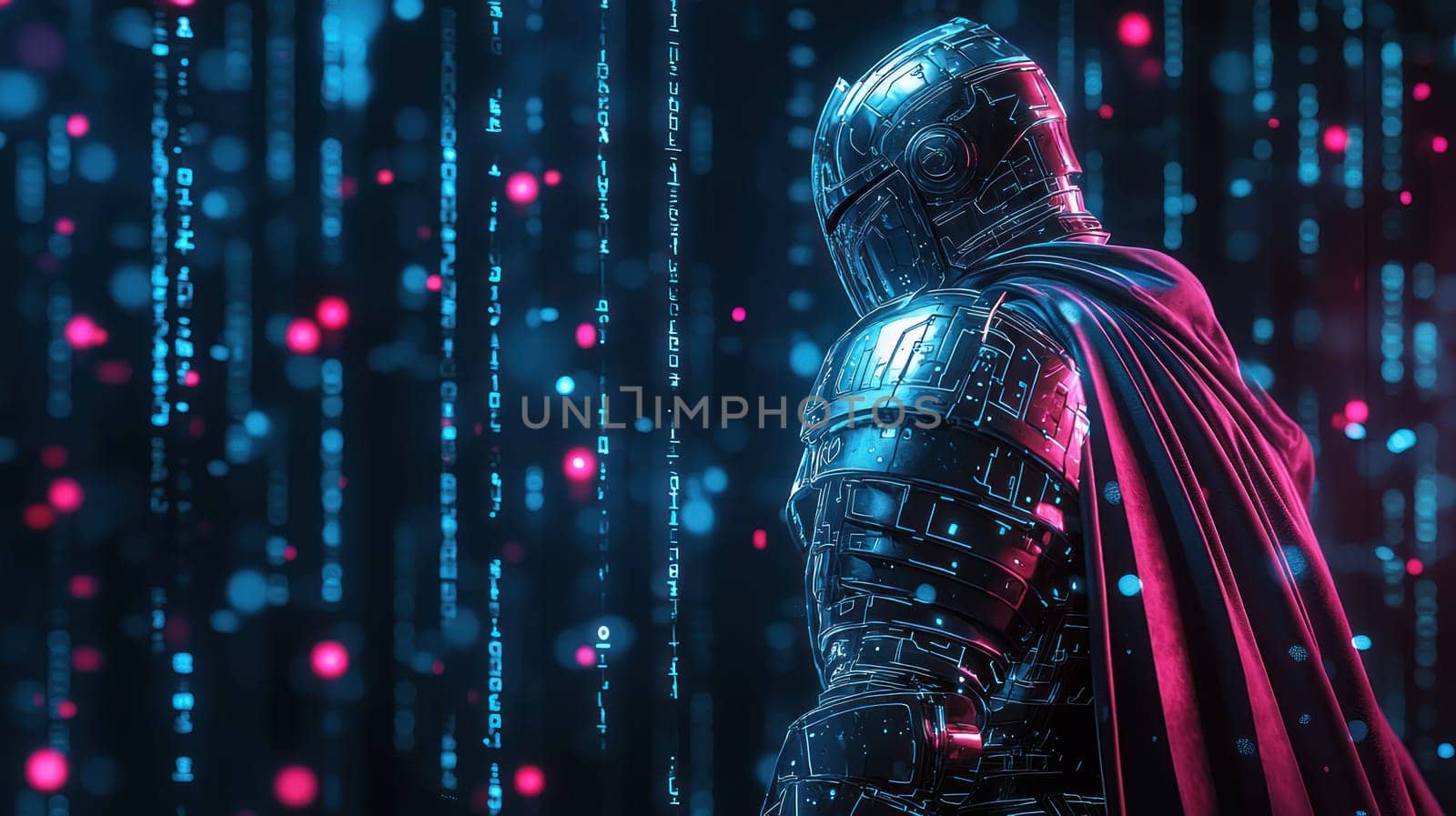 A stoic knight in digital armor stands against backdrop of glowing code, embodying strength and resilience