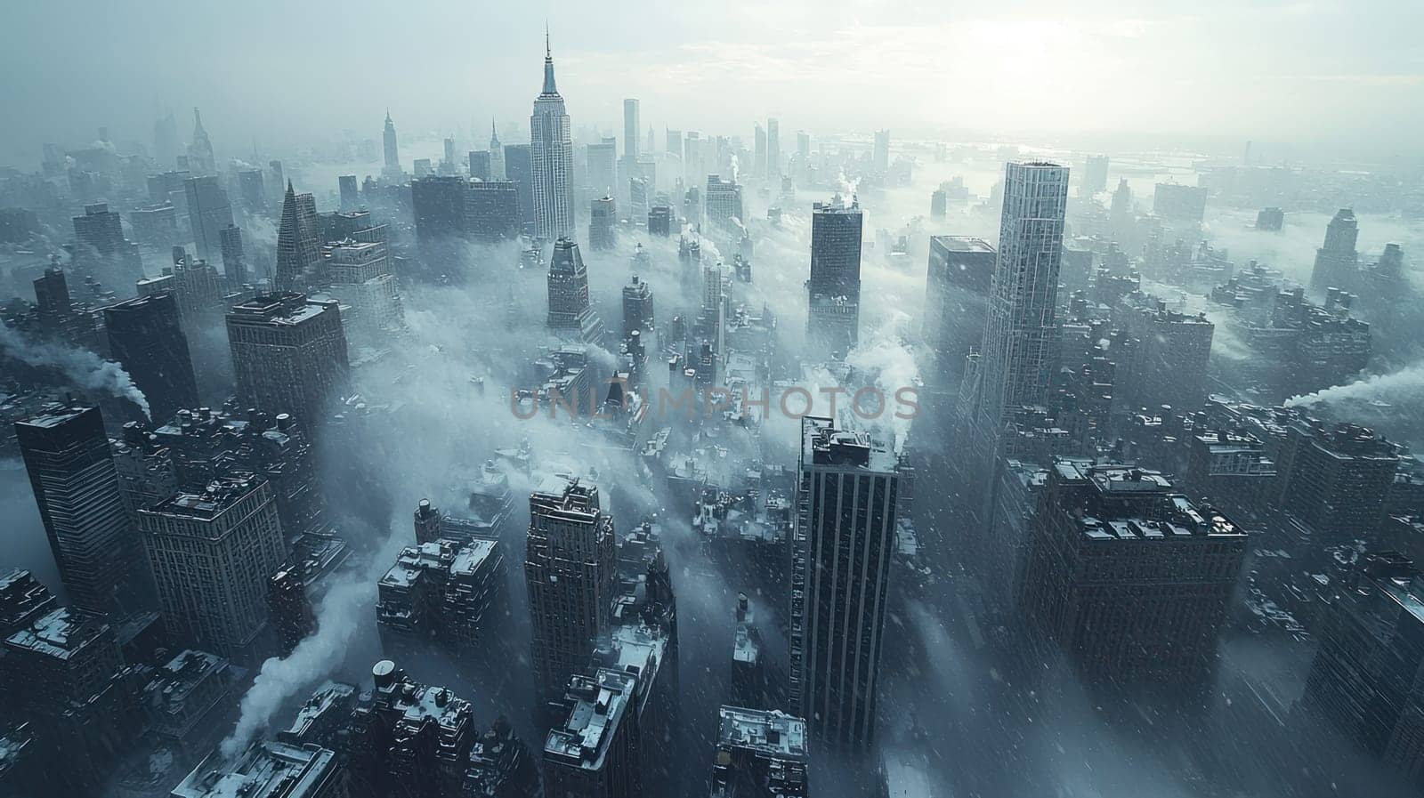 An Aerial view of large city covered in snow, showcasing buildings and smoke. scene evokes sense of winter chill and urban beauty