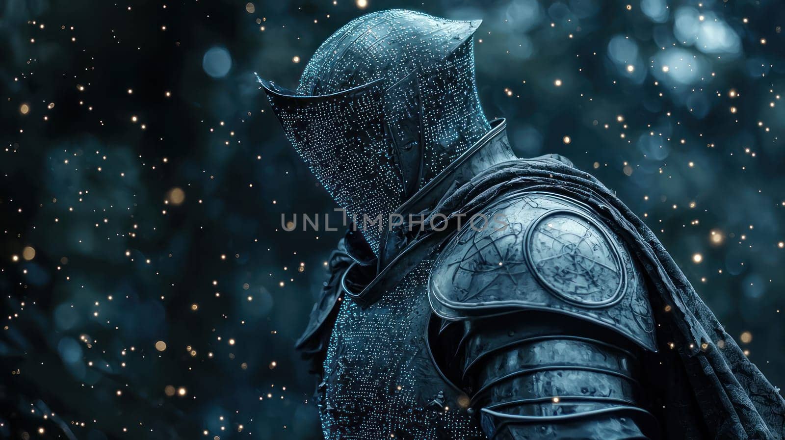 A lone knight in digital armor stands amidst mystical backdrop, reflecting binary code. atmosphere is filled with sense of wonder and intrigue