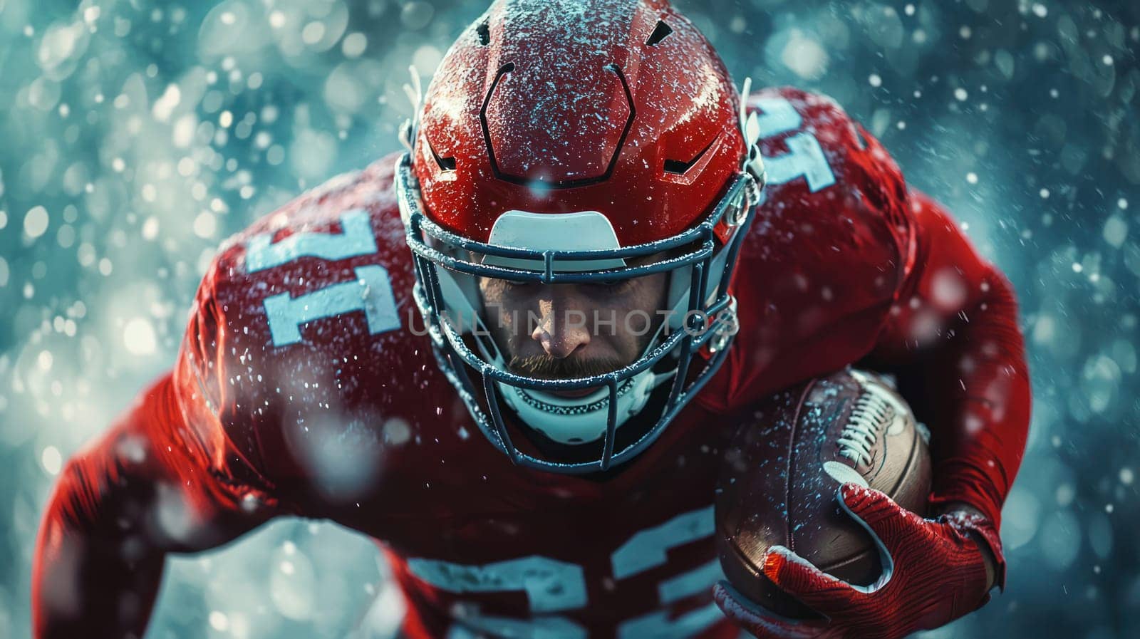 A Dramatic football player in red uniform running with ball in snow