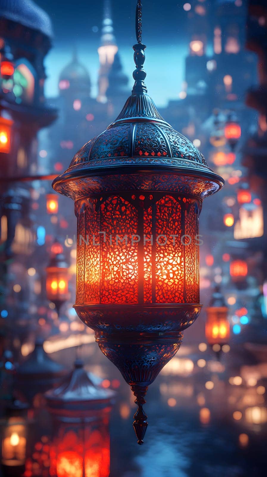 A beautifully illuminated lantern in a vibrant cityscape at night.