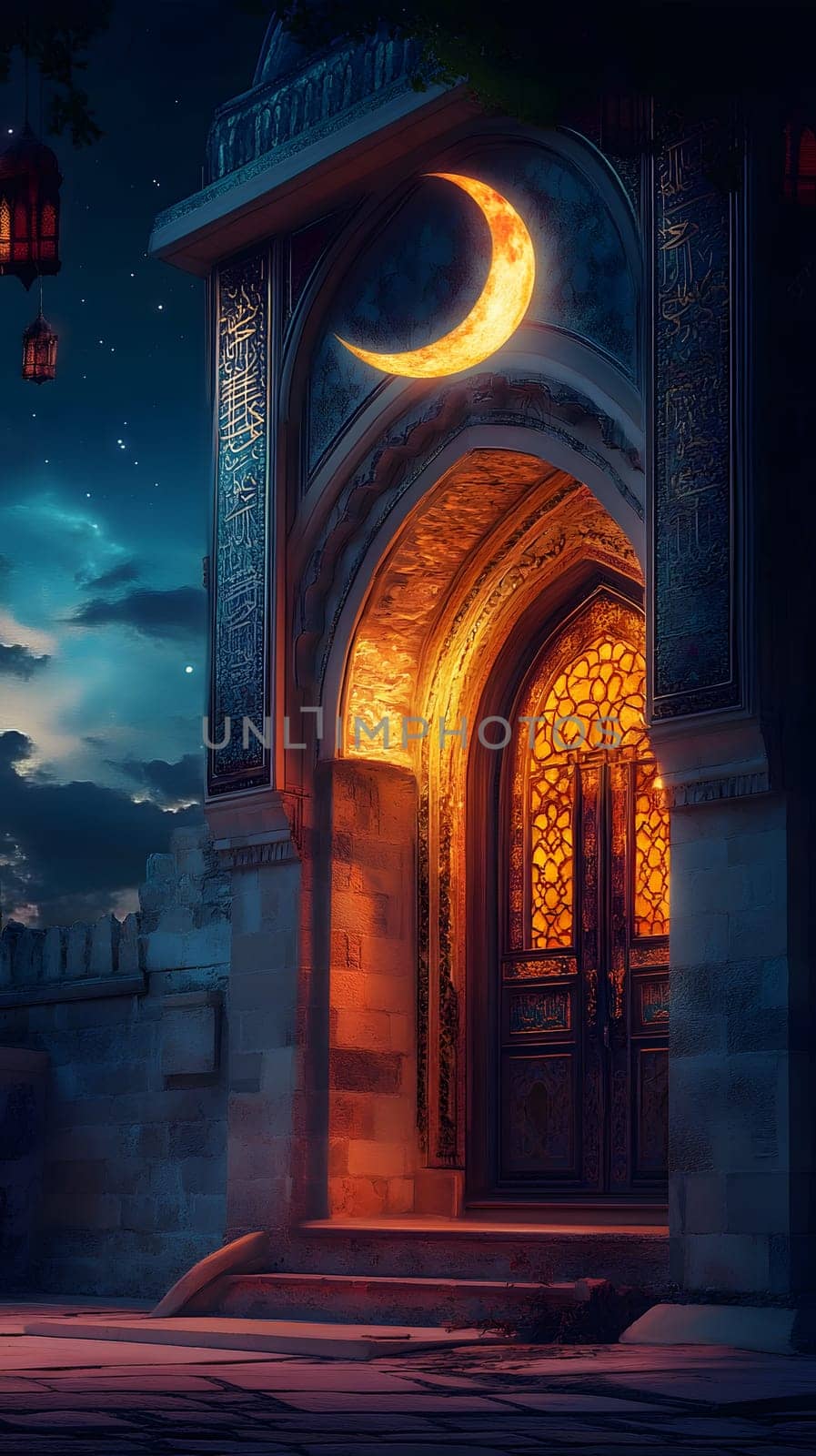 A beautifully illuminated doorway under a crescent moon at night.