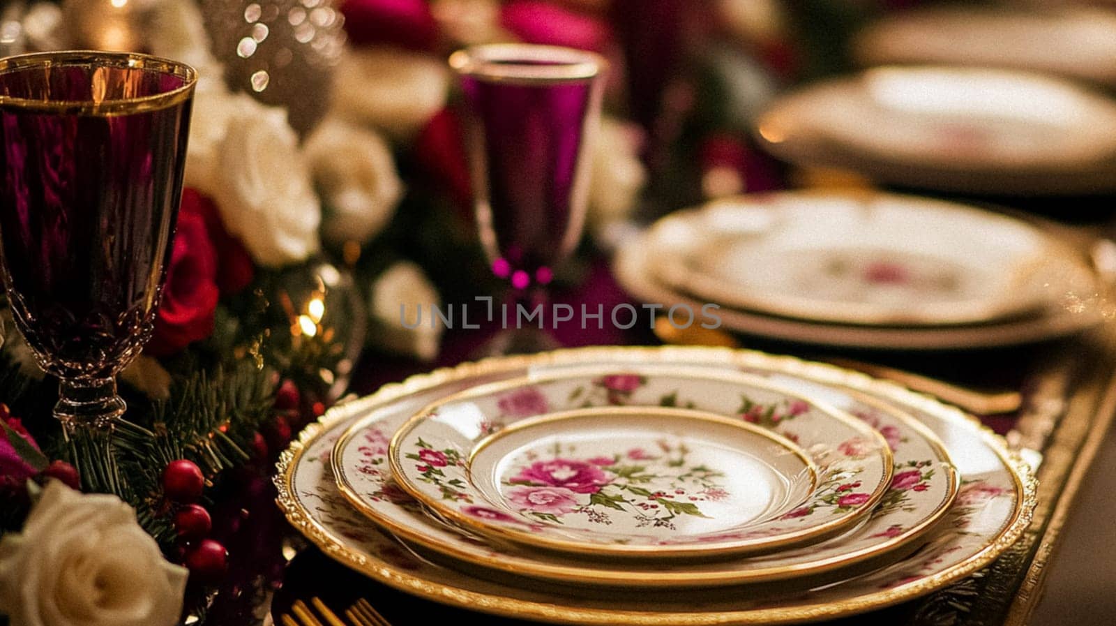 Christmas tablescape decoration, formal family dinner holiday celebration, luxury table setting decor, English country and home style idea