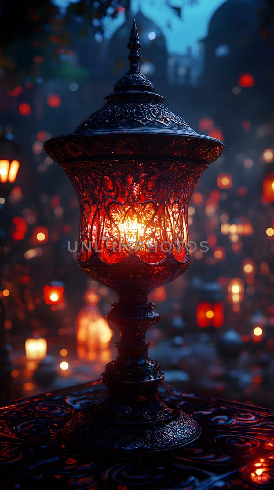 A beautifully ornate lantern casting a warm glow in a dark setting.