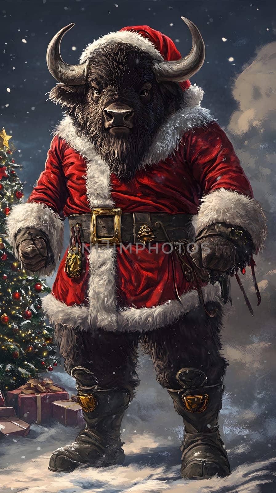 A bison in a Santa outfit stands by a Christmas tree in snow.