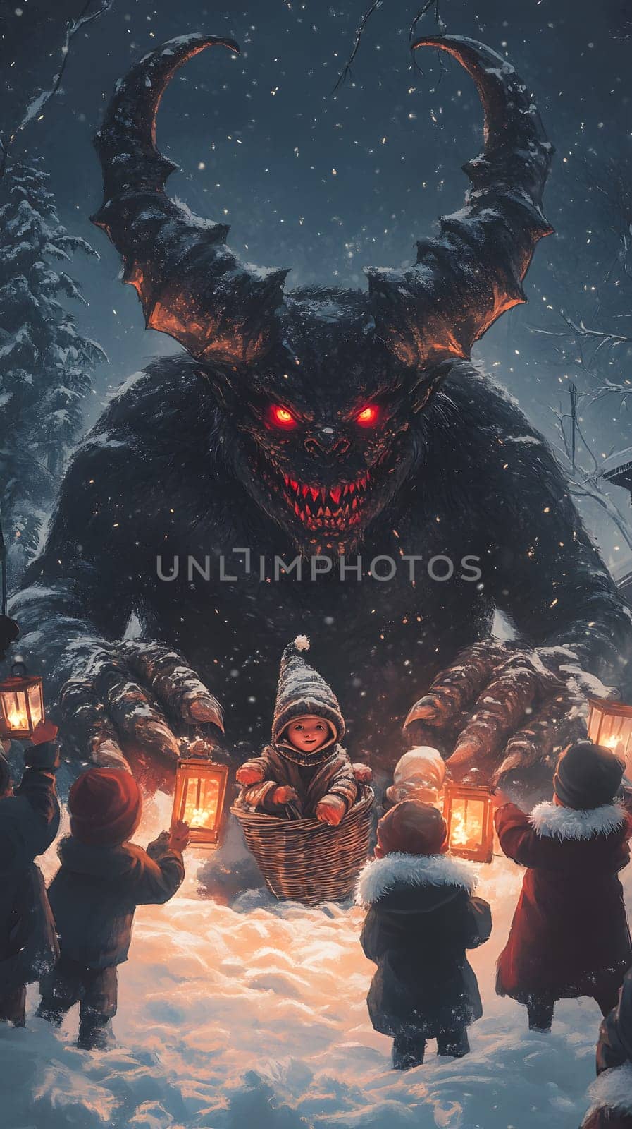 A dark creature looms over children with lanterns in a snowy setting.
