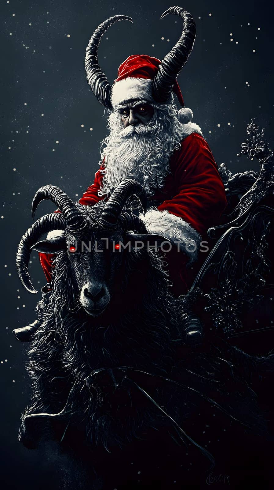 A dark, festive figure resembling Santa rides a horned creature.
