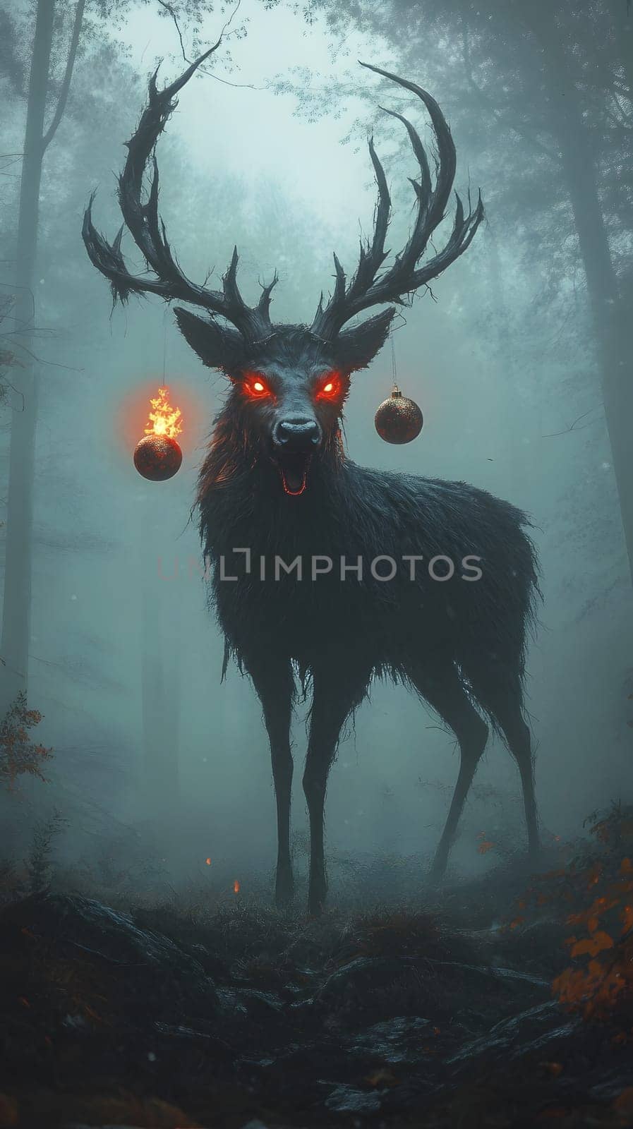 A dark, mystical deer with glowing eyes and ornaments in a foggy forest.