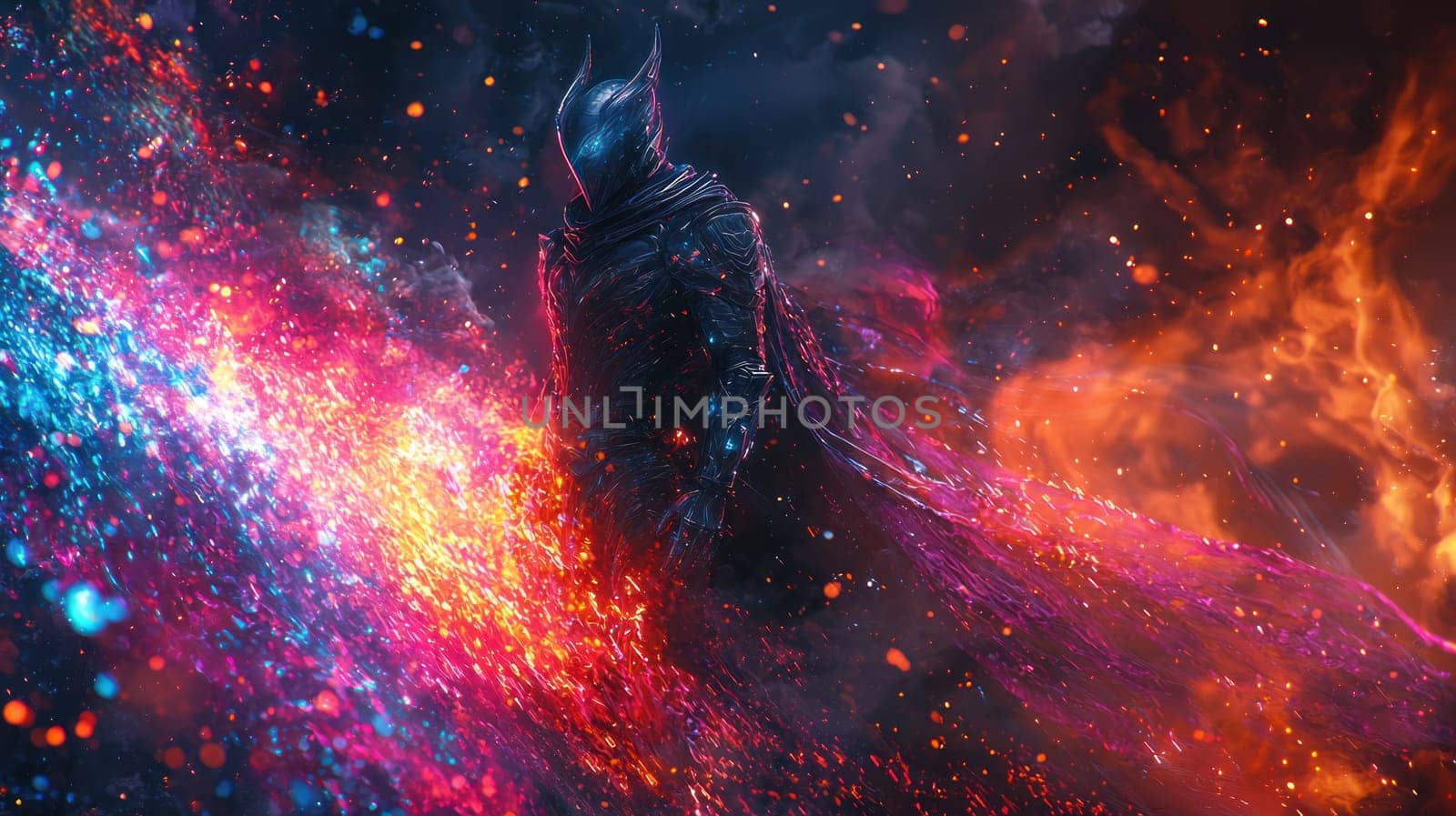 A Powerful knight in digital armor radiating vibrant cosmic energy and colors