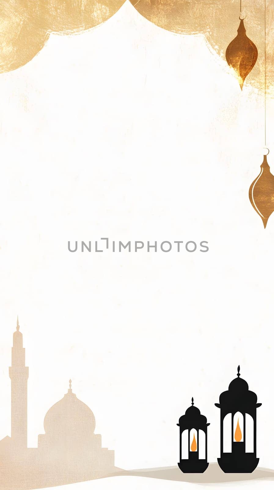 A decorative background featuring silhouettes of mosques and lanterns.