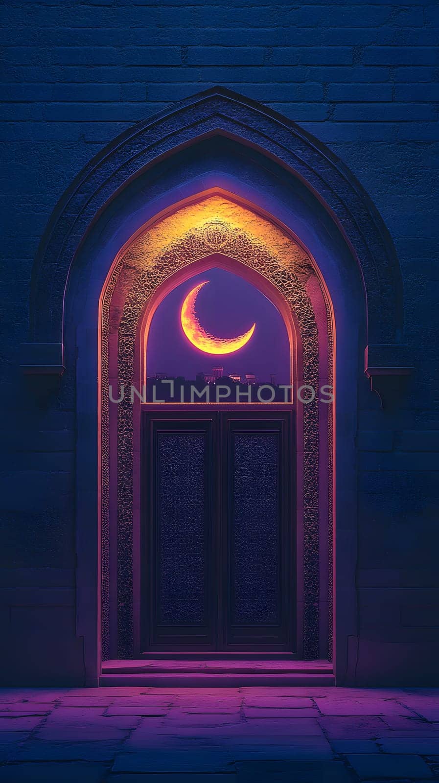 A decorative archway with a crescent moon view at dusk.