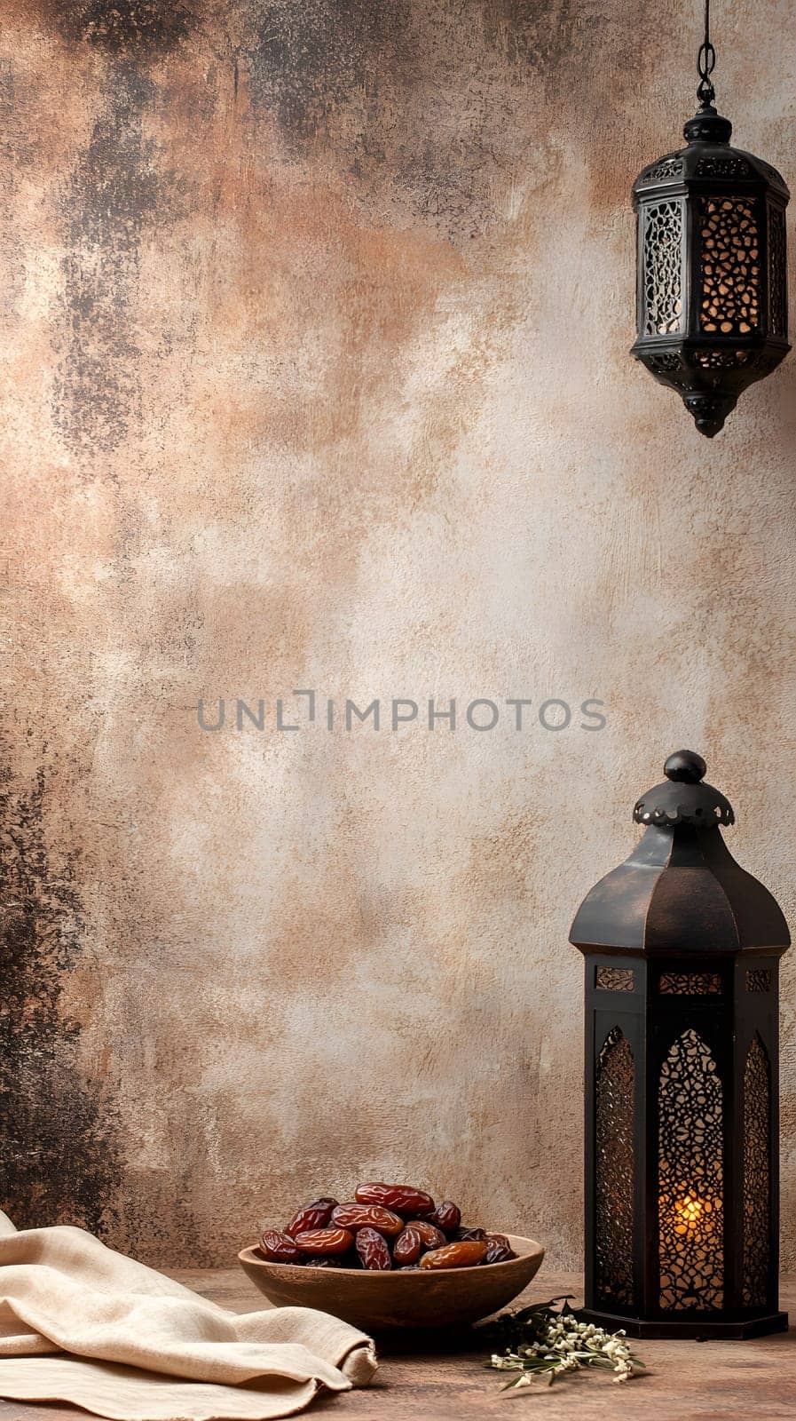 A decorative lantern and bowl of dates on a textured background.