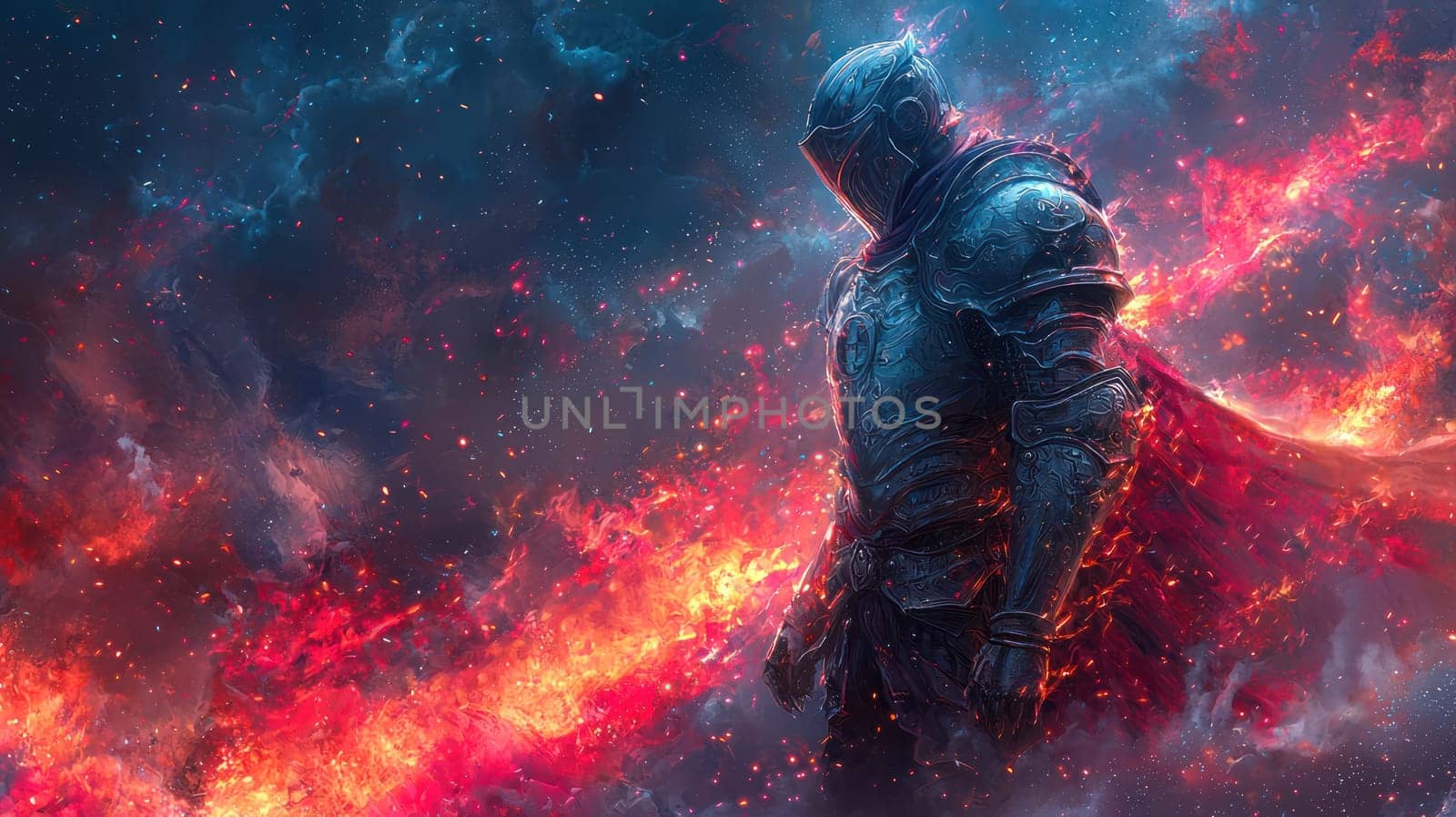 A Majestic knight in ornate digital armor stands against fiery backdrop, symbolizing strength and valor