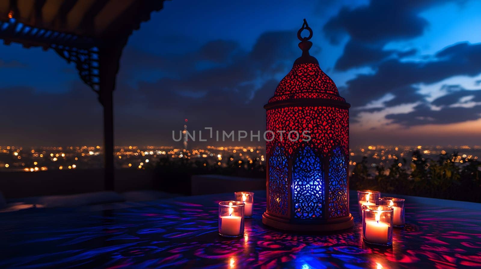 A decorative lantern illuminates a rooftop view at twilight.
