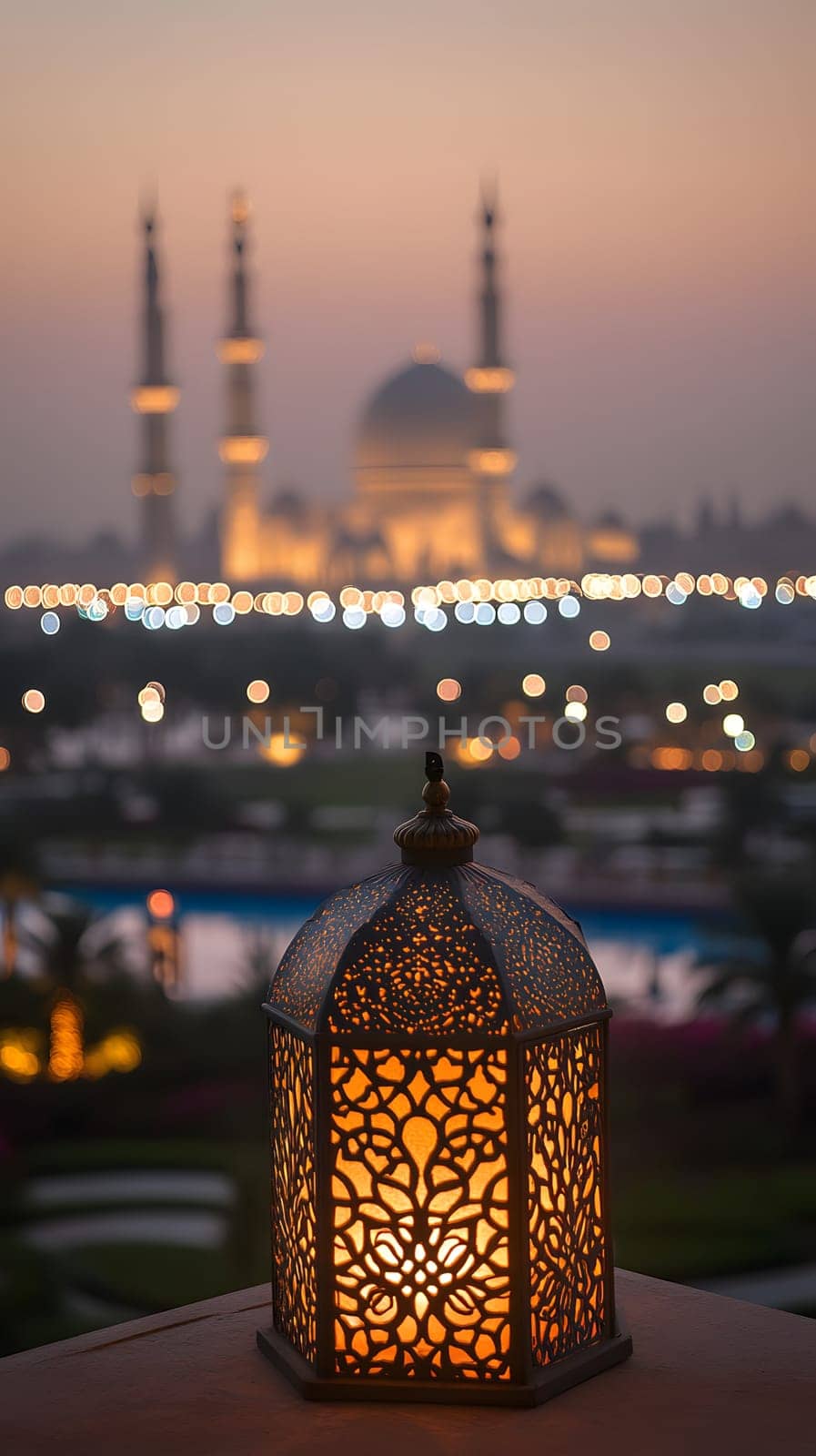 A decorative lantern in the foreground with a mosque at sunset.