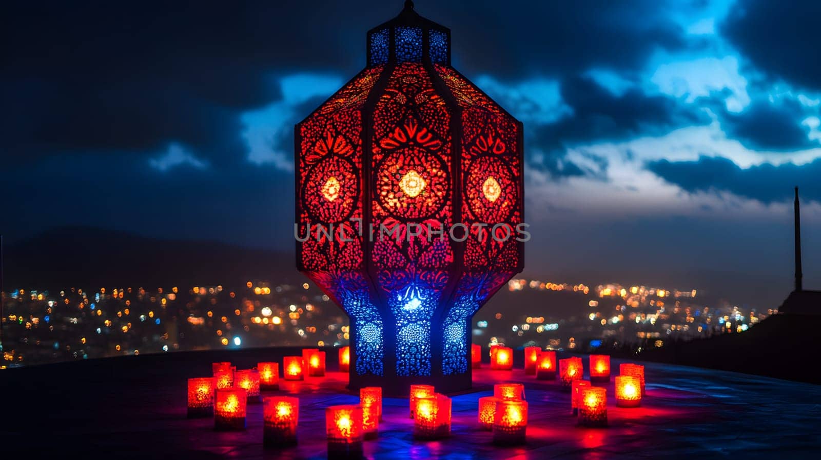 A decorative lantern surrounded by candles, illuminating a night scene.