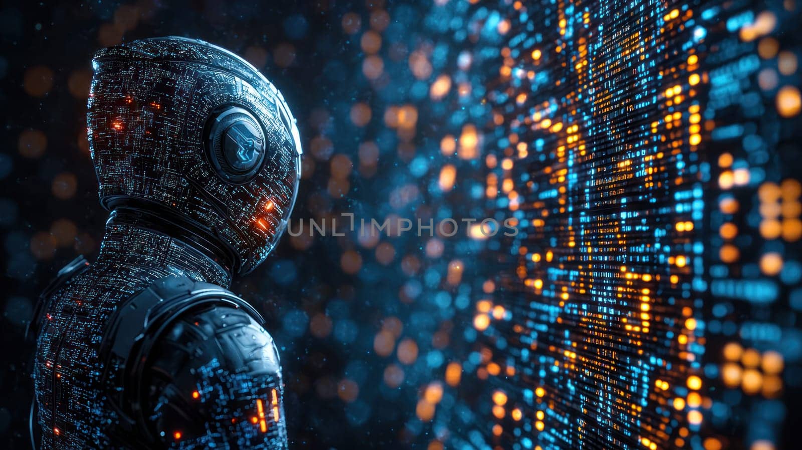 A futuristic robot in intricate digital armor stands against vibrant data wall, showcasing blend of technology and artistry
