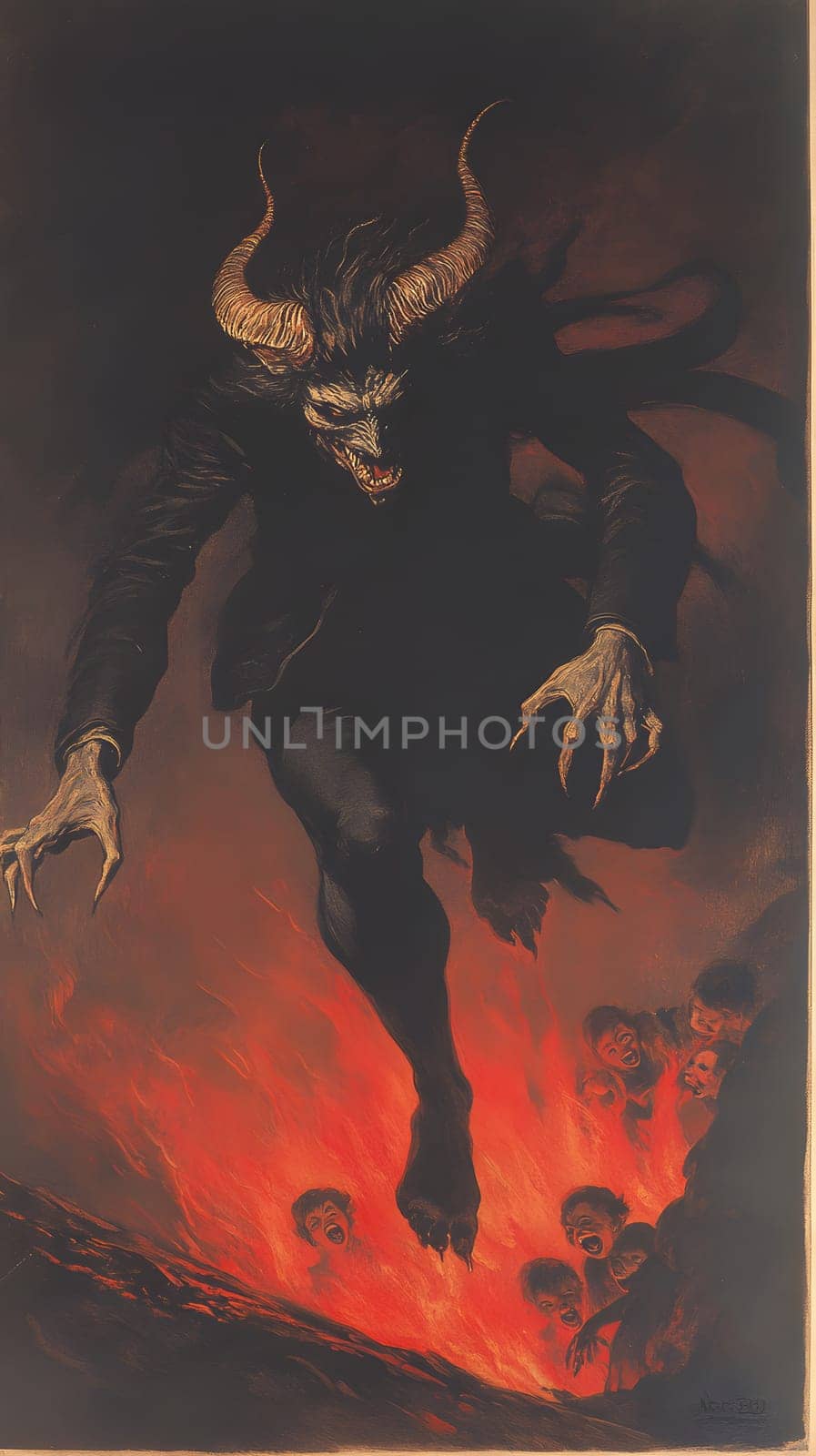 A demonic figure leaps over flames, embodying darkness and fear.