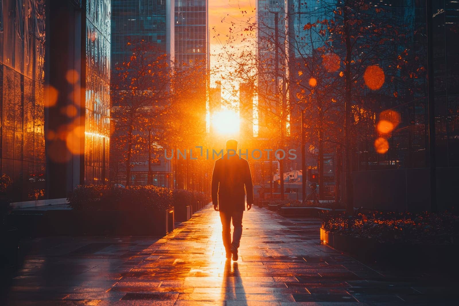 A person walking away from office building at sunset, surrounded by glowing light and reflections