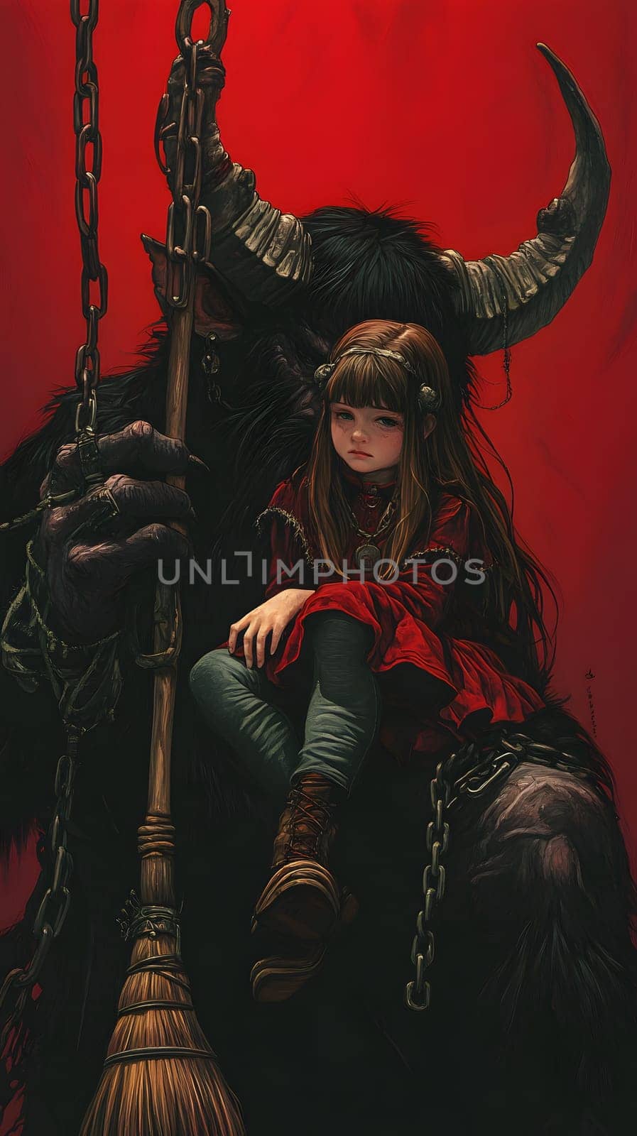 A girl in red sits beside a horned creature against a red backdrop.