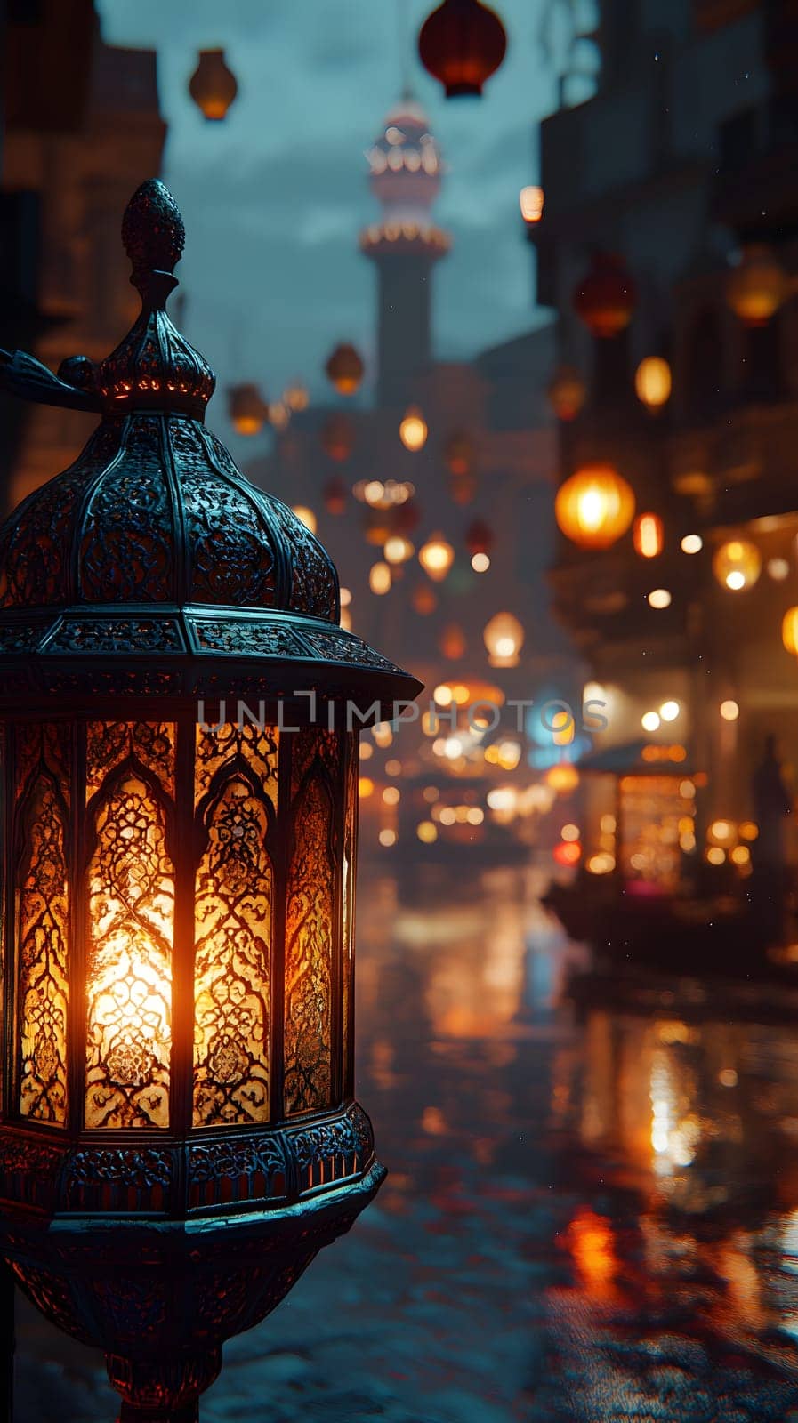 A glowing lantern illuminates a vibrant, atmospheric street scene.