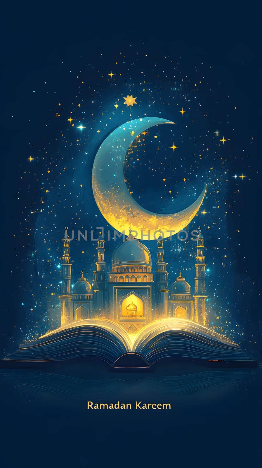 A glowing crescent moon and mosque above an open book for Ramadan.