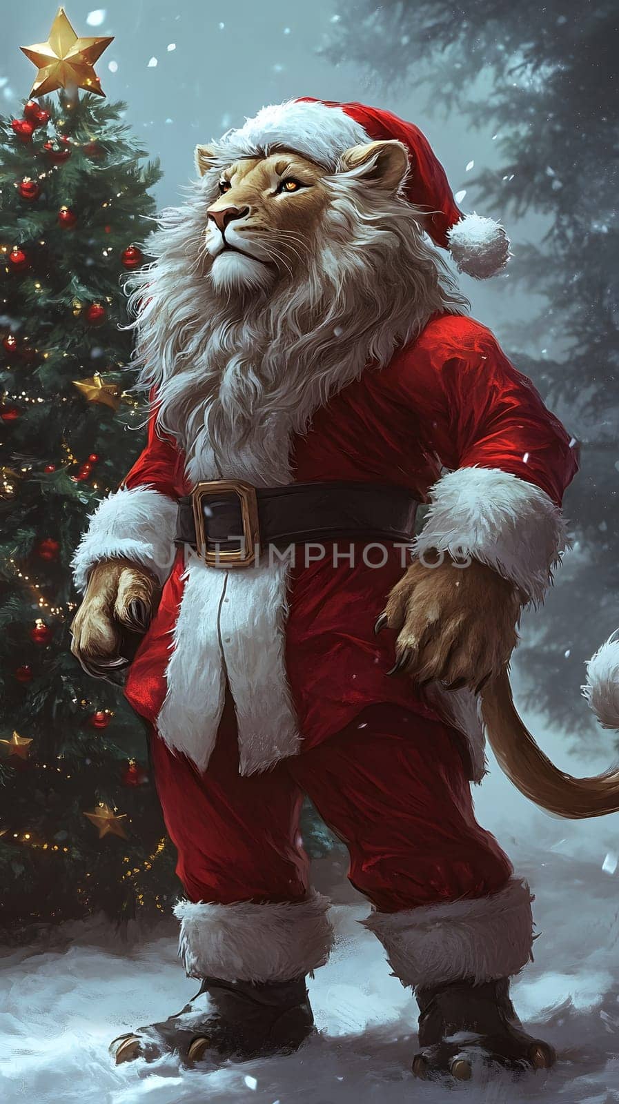 A lion dressed as Santa Claus stands near a decorated Christmas tree.