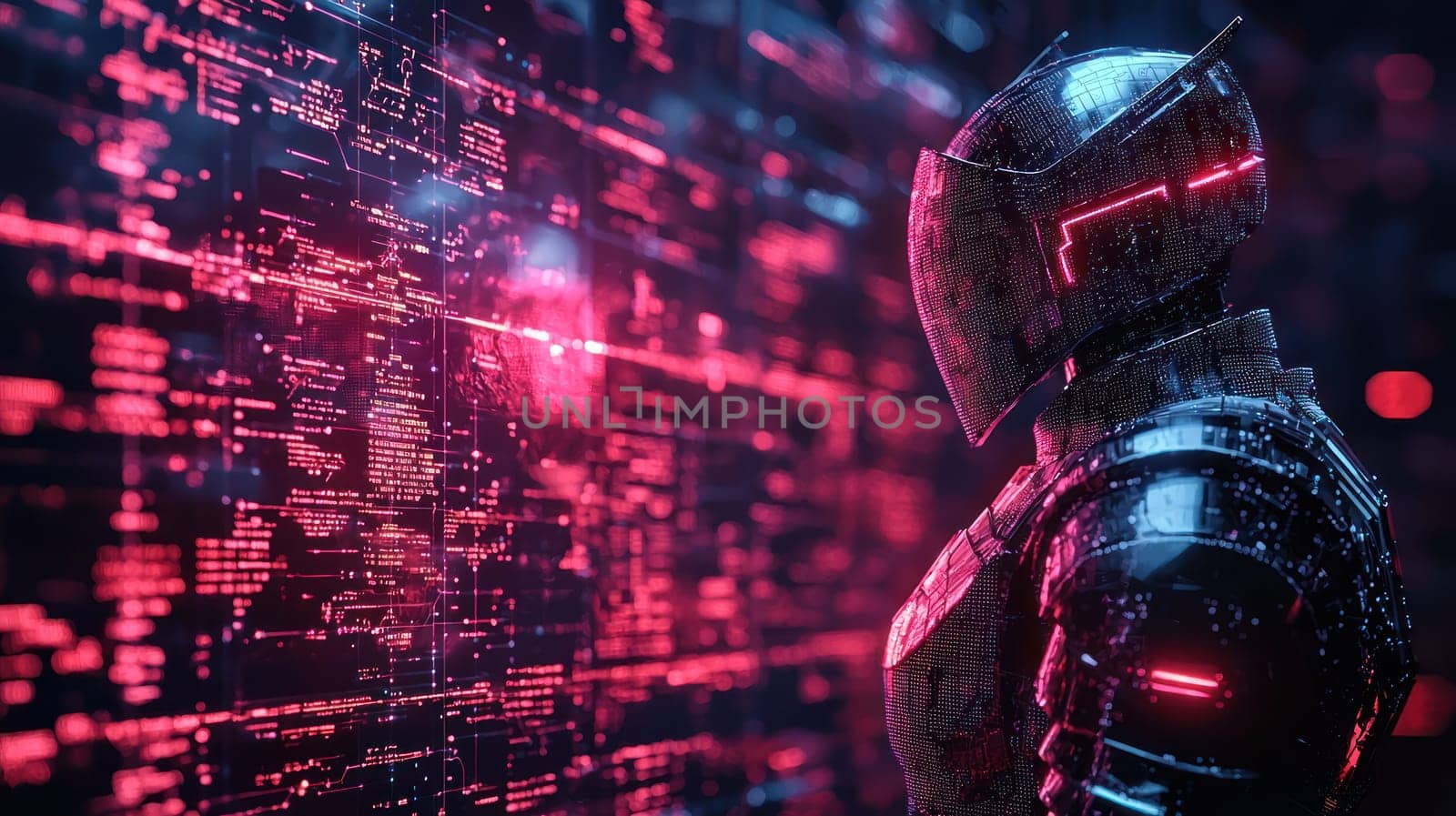 A stoic knight in digital armor stands against backdrop of glowing data