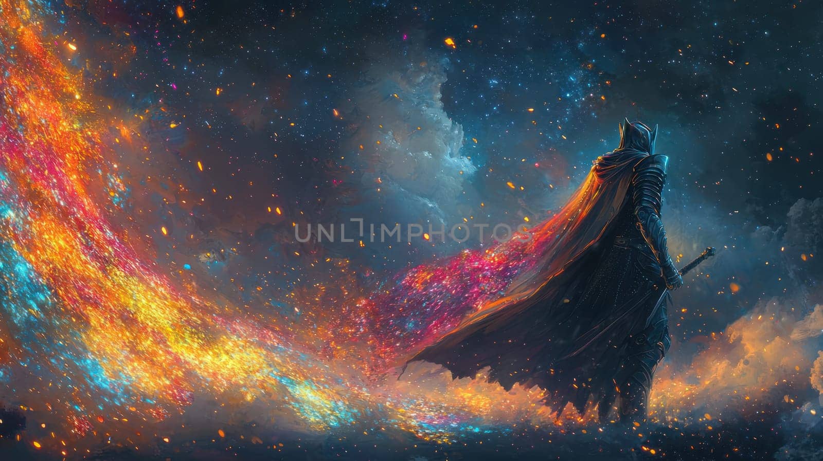 A Powerful knight in digital armor stands against cosmic backdrop, radiating energy and strength, evoking sense of adventure and mystery