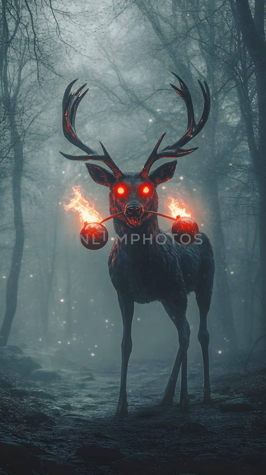A mystical deer with glowing eyes and fiery ornaments in a foggy forest.