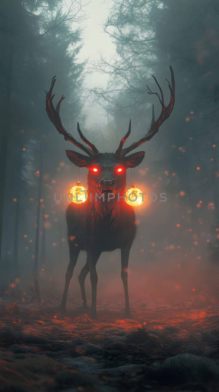 A mystical deer with glowing eyes and orbs in a foggy forest.