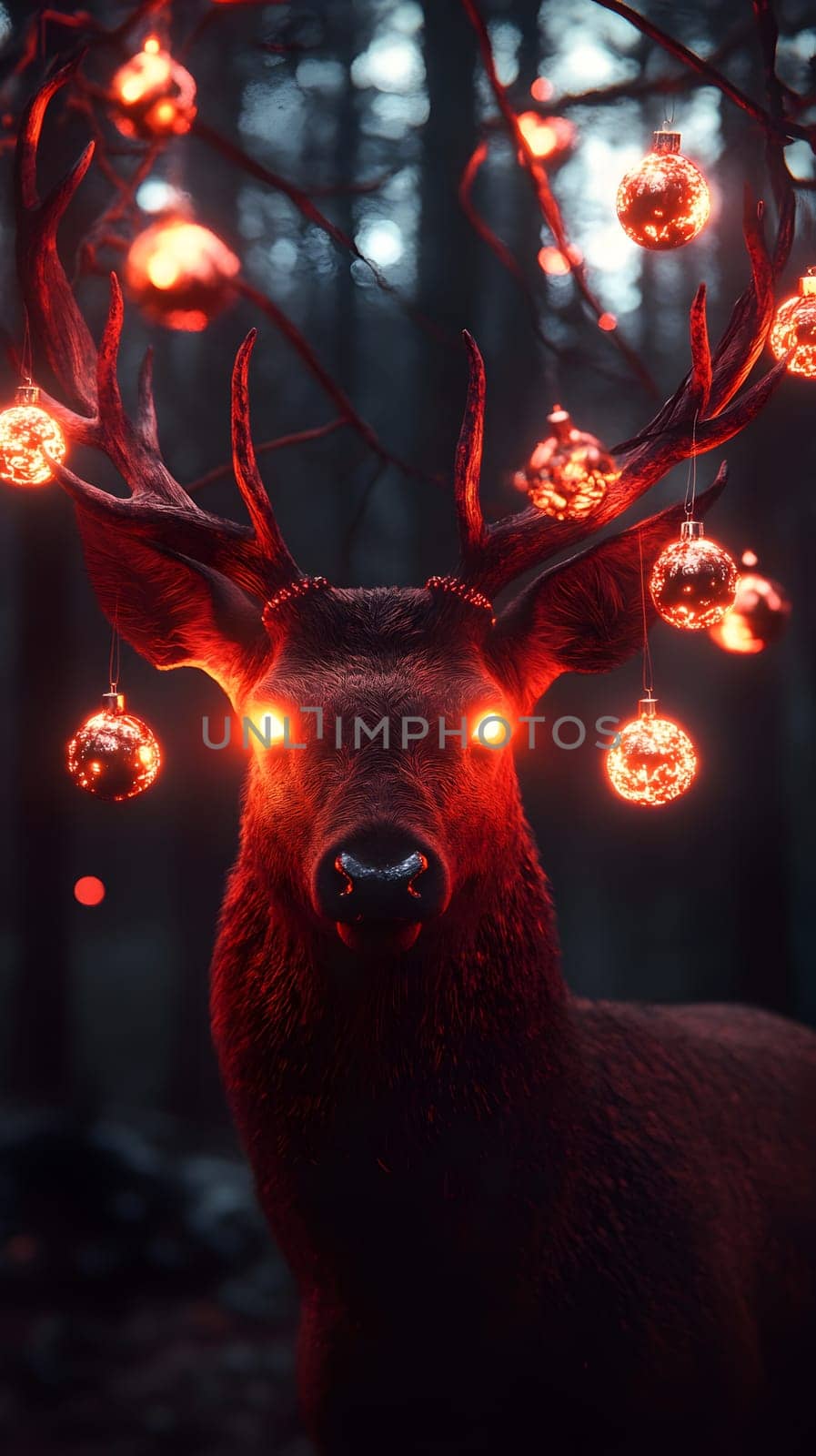 A mystical deer with glowing eyes and ornaments in a dark forest.
