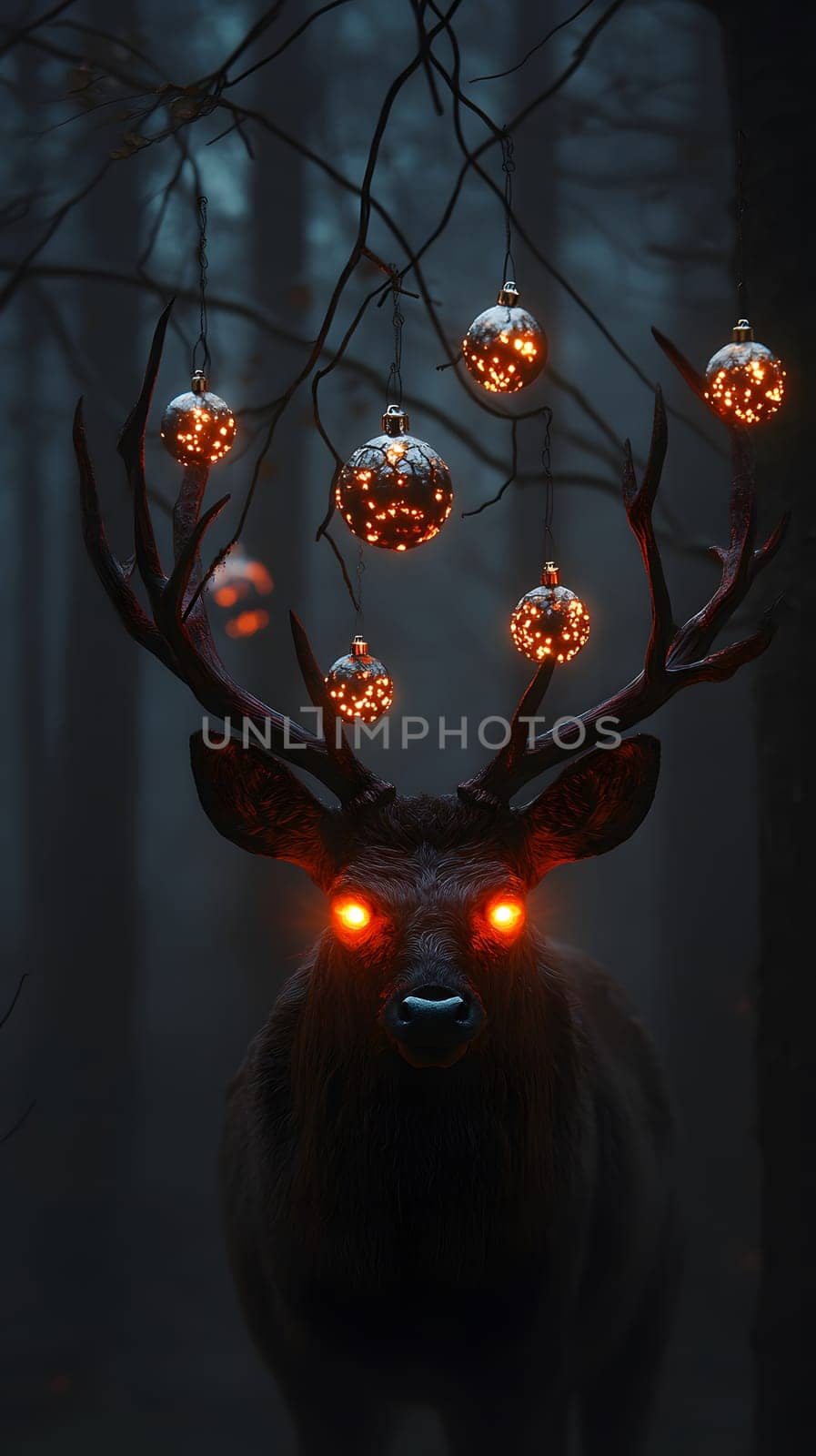 A mystical deer with glowing eyes and ornaments in a dark forest.