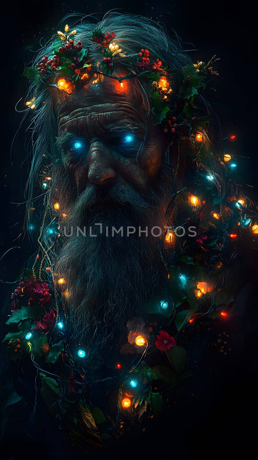 A mystical figure adorned with lights and flowers, evoking nature's spirit.