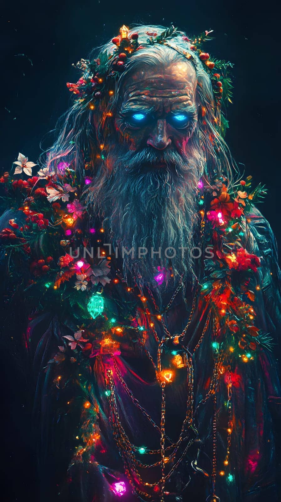 A mystical figure adorned with lights and flowers, exuding magic.
