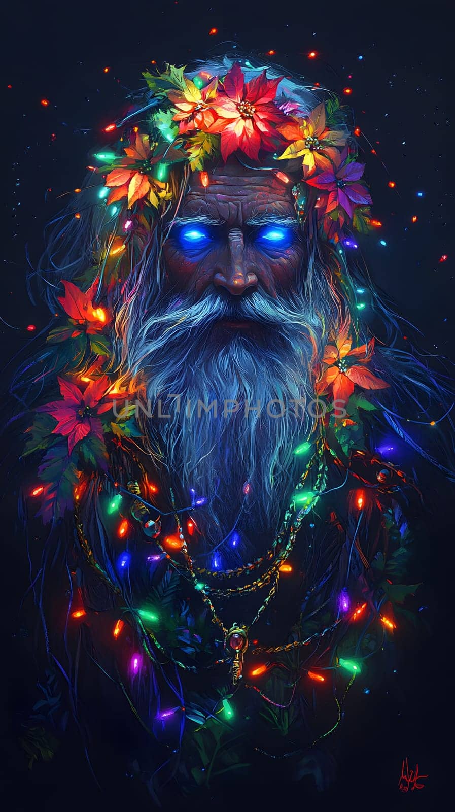 A mystical figure adorned with lights and foliage, exuding magic.