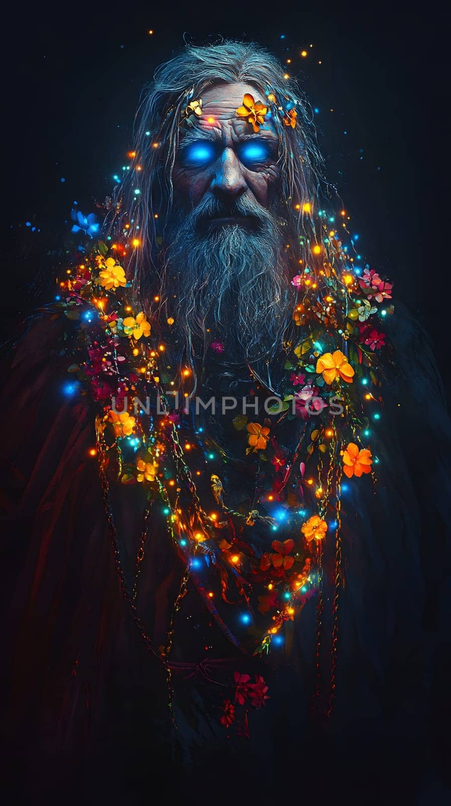 A mystical figure with glowing eyes and vibrant floral patterns.