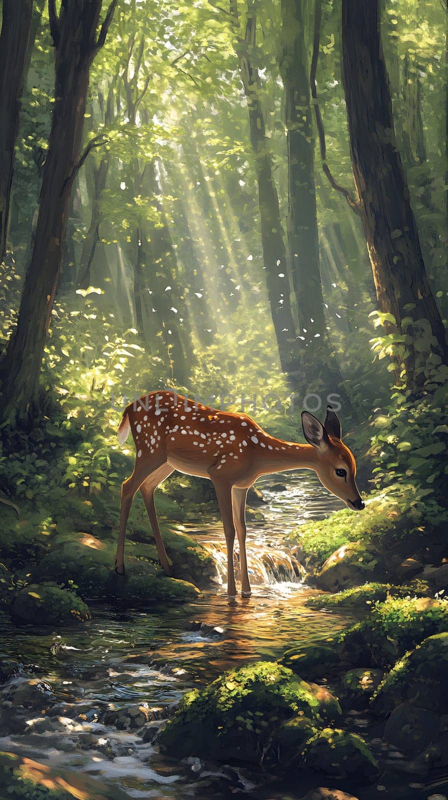 A serene fawn stands by a sparkling stream in a lush forest.